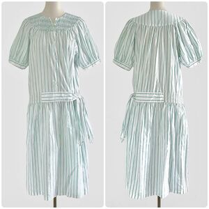 VTG Phool White Green Striped Cotton Tie Waist Puff Sleeve Cottage Maxi Dress S
